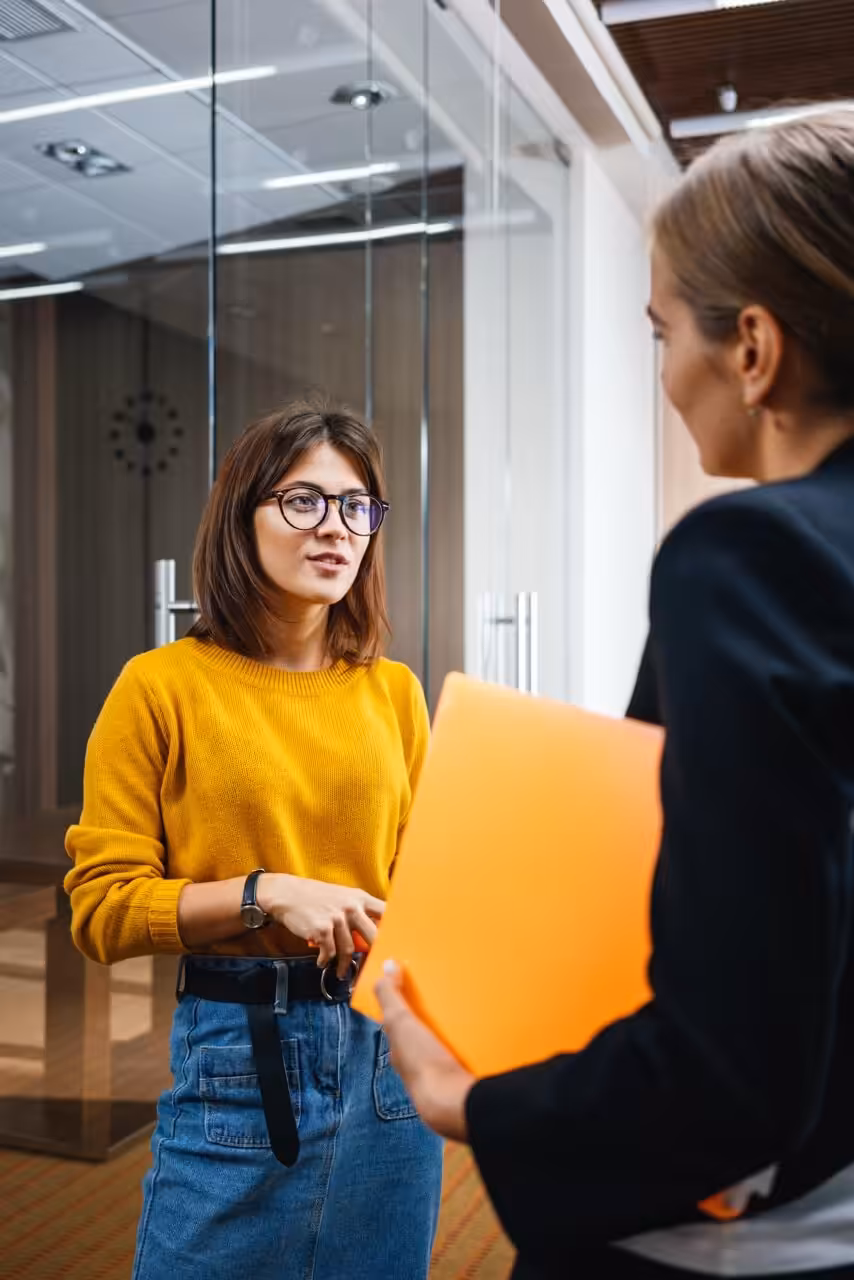 Consultation reviewing company record updates in an office